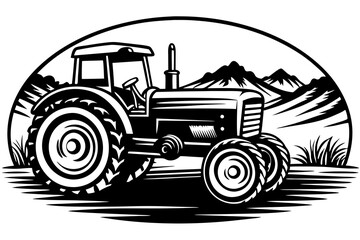 Classic Farm Tractor Silhouette in Rural Landscape