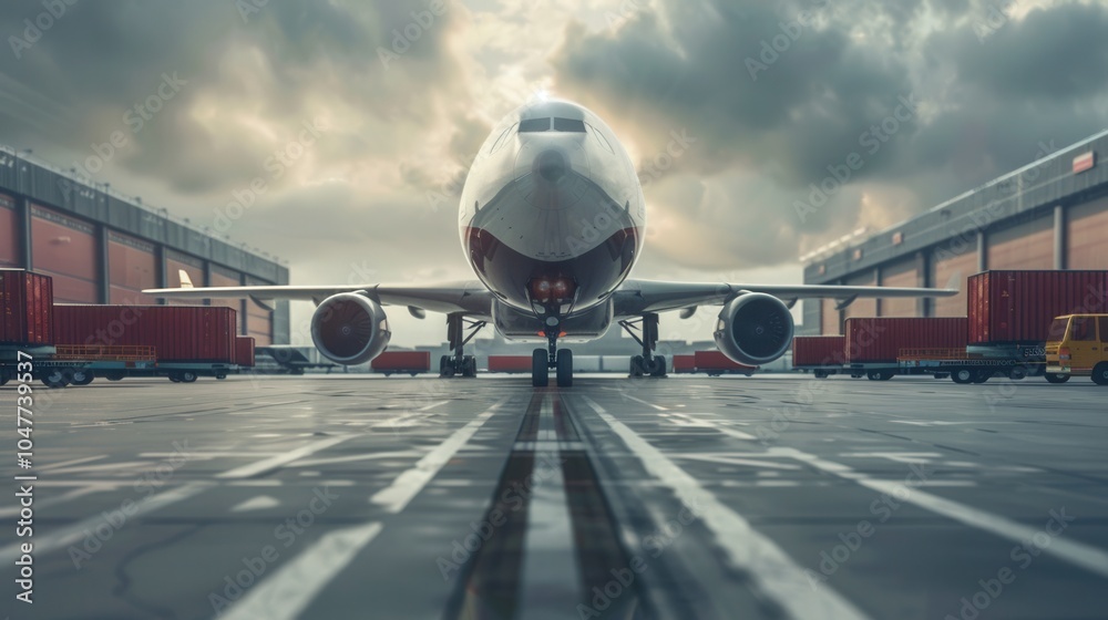 Aufkleber a large cargo airplane awaits loading on the runway, with various unloading equipment and vehicles s