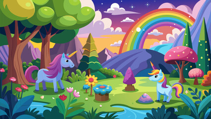 Two colorful unicorns play in a vibrant fantasy landscape with a rainbow, lush trees, and blooming flowers during sunset