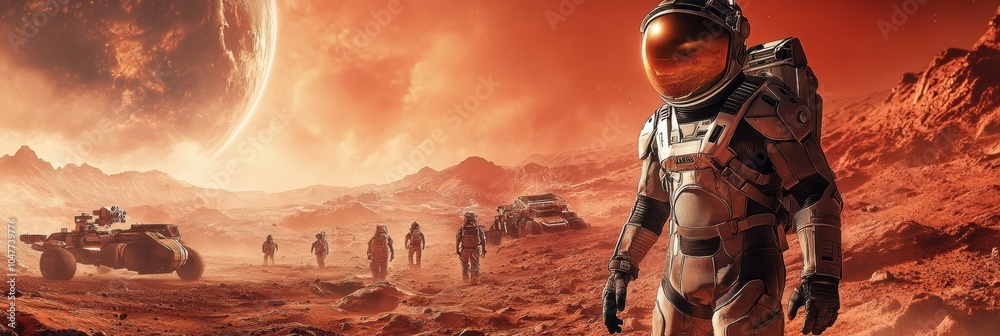 Aufkleber An astronaut stands in a Martian landscape with a team, exploring a red planet rich in potential for future space missions. Generative AI