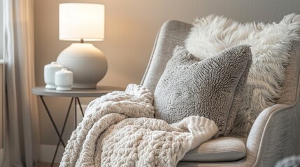 Cozy up in this bedroom corner with a plush accent chair a fuzzy throw blanket and a dimmable bedside lamp.