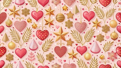 Naklejka premium Festive Christmas pattern with hearts and ornaments. Wrapping paper, gift paper, wrapping paper design