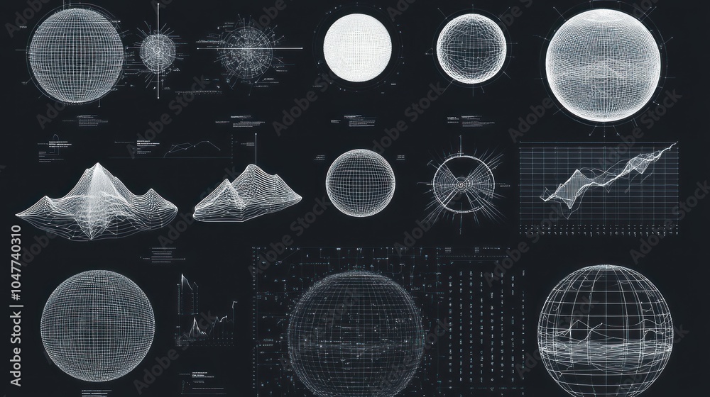 Poster abstract futuristic design with wireframe spheres and data visualization