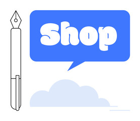 Fountain pen beside blue speech bubble containing the word Shop and cloud-like shape. Ideal for online stores stationery branding e-commerce websites marketing materials promotional content