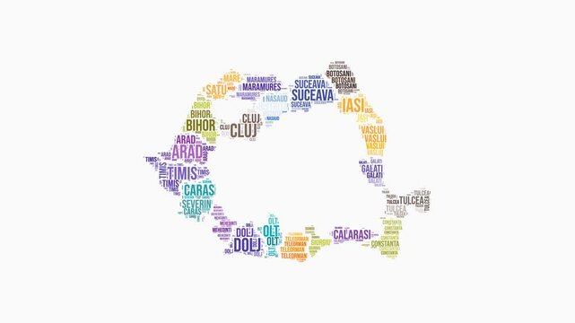 Romania regions word cloud animation. Country logo animated video. Romania colored text cloud. Regions typography style motion graphics. Stylish video.