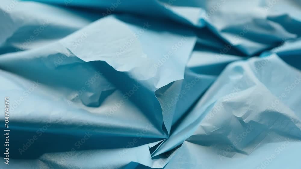 Poster The crumpled blue paper showcases a unique texture, with folds and creases creating an abstract pattern, illuminated by gentle light, adding depth and intrigue.