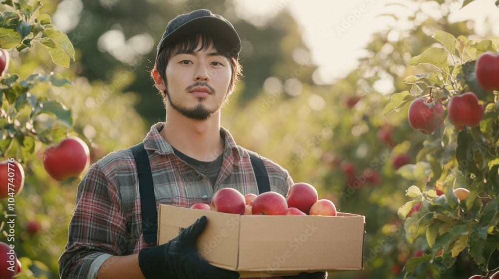 Wall mural confidently standing in apple orchard, young man holds box filled with fresh apples, surrounded by l