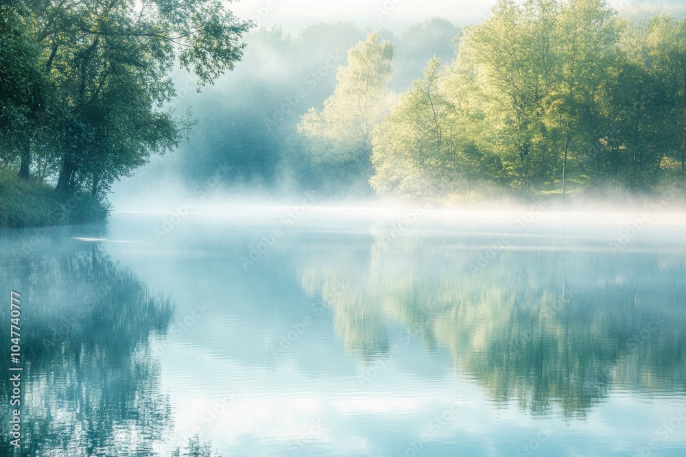 Poster The tranquil lake is shrouded in mist, showcasing reflections of greenery, creating a calm and serene atmosphere. Generative AI