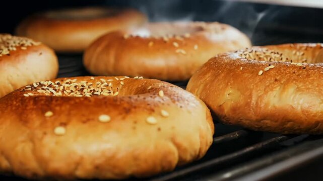 4K timelapse video captures golden crispy surface homemade sesame bagels bake kitchen oven offering mouthwatering view popular Turkish simit being baked perfection providing delicious visual treat