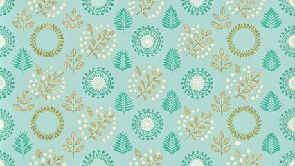 Floral pattern with leaves and circles on mint background