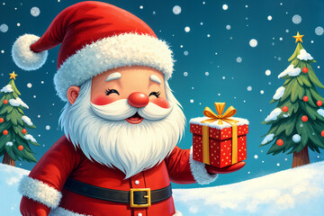 Jolly Santa Claus holding a gift box with a tree and snowflakes in the background, suggesting a festive winter scene.