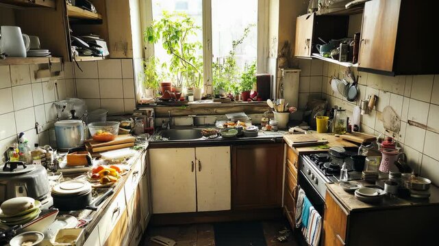 A messy kitchen with dishes piled high on the counter and in the sink, with a window overlooking a green courtyard