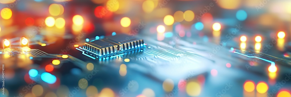 Poster Exploring Circuitry and Vibrant Lights on a Silicon-Based Alternative Life Circuit Board
