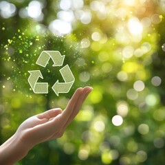 Hand Holding Glowing Recycle Symbol Over Green Forest Background, Environmental Protection Concept.