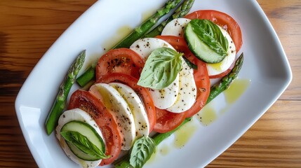 a caprese salad on a white plate with mozzarella slices and tomato slices on top, a cucumber slice, asparagus spears, and basil leaves, on a wooden background