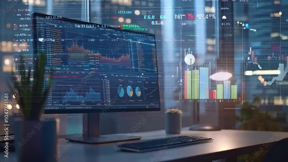 Wall mural modern computer workstation displaying real-time financial data analytics at night in a city office 