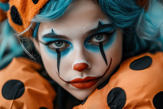 a beautiful female jester with bright blue wavy hair dressed in her tight orange and black long sleeve jester outfit