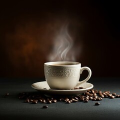 Fototapeta premium A Coffee Cup Filled With Steaming Hot Coffee Isolated on a Dark Background