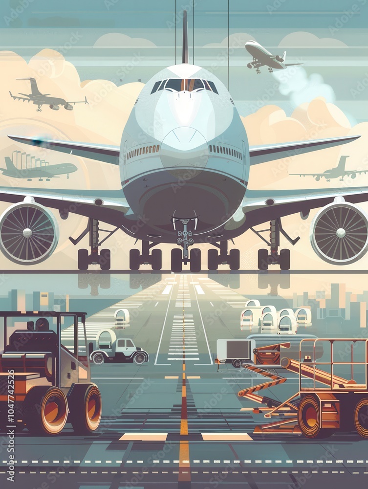 Aufkleber a large cargo airplane is stationed on the runway while loading equipment prepares to unload goods, 