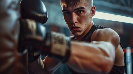 Male athlete training with punching bag in gym, focusing on boxing techniques for fitness, competition, and strength building