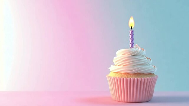 Single pink cupcake with white frosting and a purple candle. Pastel background.