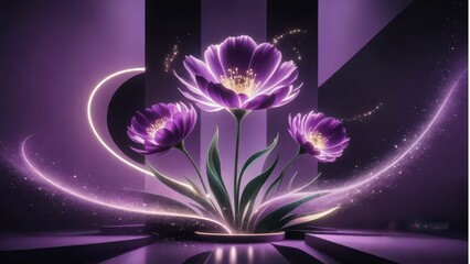  Magical glowing purple flowers with sequins in an unearthly digital art style on a dark geometric background 
