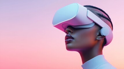 Woman immersed in virtual reality with sleek headset against a pastel sky, AI