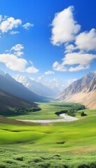 Fototapeta premium Stunning Panoramic Green Valley with River at Mountains, Idyllic Landscape, Sunny Spring Day