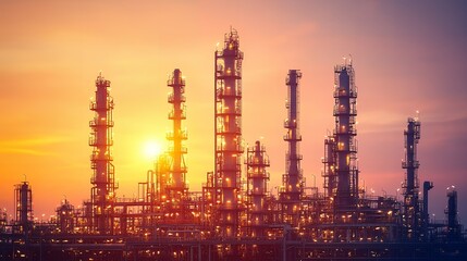 Obraz premium Silhouetted industrial complex against a vibrant sunset.
