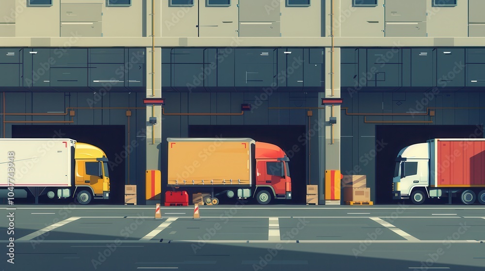 Aufkleber Several trucks and vans are parked at a warehouse, ready for loading with freight in a bustling logistics environment. Generative AI