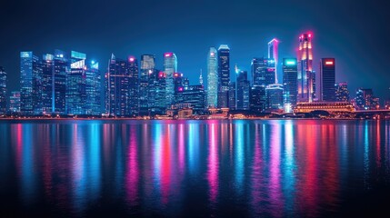 Fototapeta premium Vibrant city skyline reflecting on water at night, showcasing modern architecture and lights.