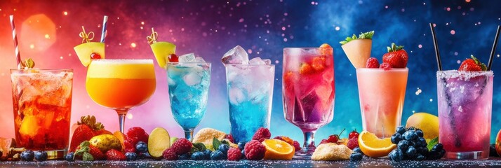 Bright cocktails accompanied by snacks and fresh fruit slices create a festive atmosphere for a summer celebration. Generative AI