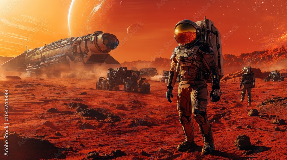 Aufkleber An astronaut in a space suit walks across a red Martian terrain while rovers and a spacecraft stand in the background during sunset. Generative AI