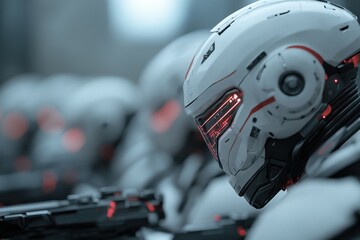 Fototapeta premium Multiple android soldiers equipped with glowing helmets positioned strategically, reflecting advanced robotic military tactics and precision.