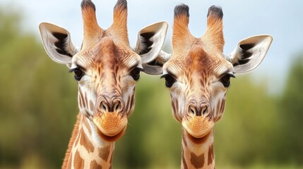 Obraz premium Two giraffes stand closely together, showcasing their unique patterns and gentle expressions, AI