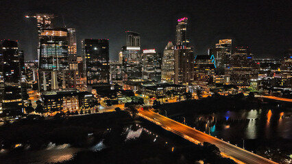 Austin, Texas - 10-2-2024. Aerial view of down town Austin, Texas, with all of the lights that make up the cities night time sky line. 