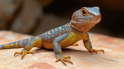 Obraz premium A colorful lizard with blue and yellow scales perched on a rock.