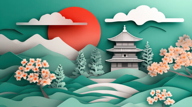 serene Japanese landscape featuring traditional pagoda surrounded by cherry blossoms, mountains, and vibrant red sun. This design captures essence of tranquility and beauty