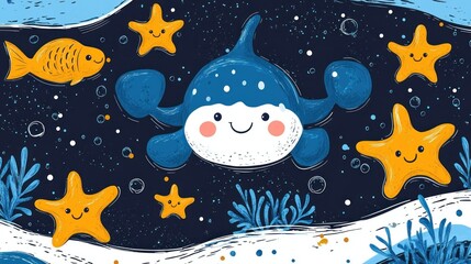 Naklejka premium A cute blue whale swims with starfish on a blue background.