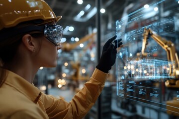 A woman architect utilizes a digital interface amid a factory environment, representing industrial progress, innovation, and the integration of technology.