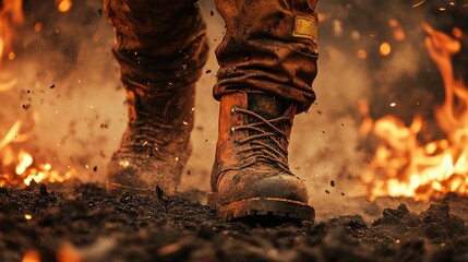 Close-up of firefighter boots in ash and debris, with flames and smoke in the background creating a dangerous and intense feel