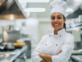 Confident female chef in a brightly lit kitchen, wearing a pristine white uniform and a classic chef's hat.