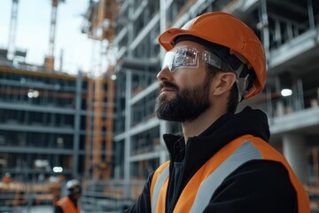 Fototapeta premium A construction worker wears smart glasses, highlighting the integration of technology in modern construction work environments for efficiency and safety.