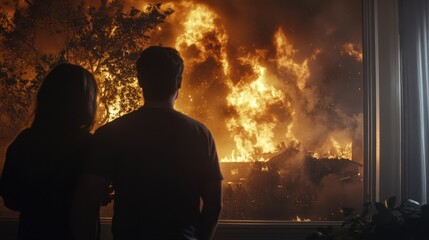 Family members watching in shock and fear as flames approach their home, highlighting the emotional impact of the disaster
