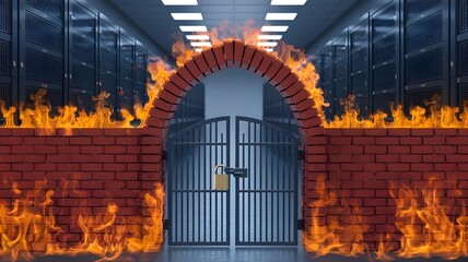 Fototapeta premium Red brick firewall with gate and padlock around computer network