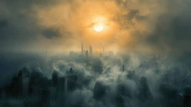 Hazy sky filled with smoke and ash, with sun barely visible through the thick gray clouds, creating an apocalyptic feel