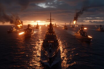 A fleet of warships advances across the sea in formation under a dramatic sunset, evoking power, strategy, and maritime expertise in a military context.