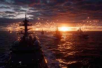 A naval fleet releases bright flares across their path, casting a vibrant display against a breathtaking sunset, symbolizing anticipation and hope for the future.