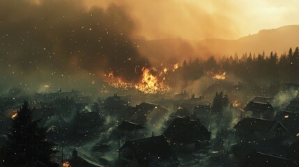 Smoke and ash falling like snow over a town as a wildfire spreads through nearby hills, creating an eerie and apocalyptic atmosphere