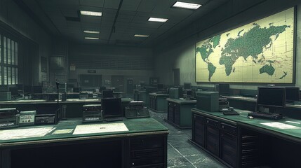 A dimly lit, abandoned office with desks, phones, and a large world map on the wall.